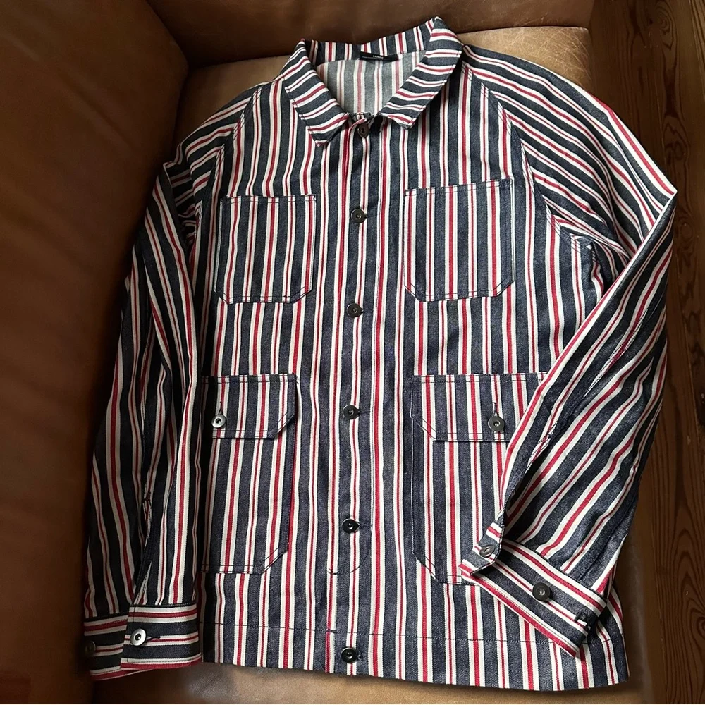 PLEASURES striped chore jacket over shirt shacket denim red printed graphic - Picture 3 of 11